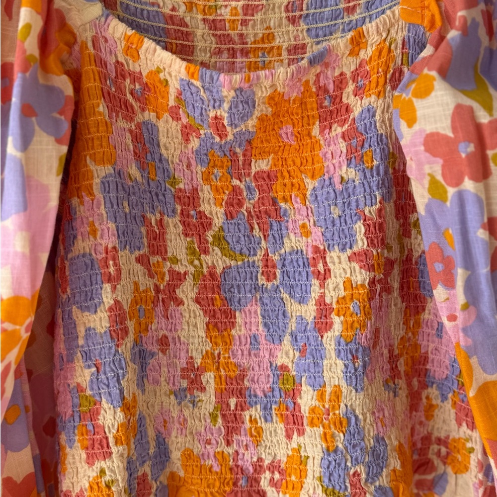 Free People Size Large Floral Smocked Top Cotton Balloon Sleeve Orange Blue Pink - Picture 14 of 16
